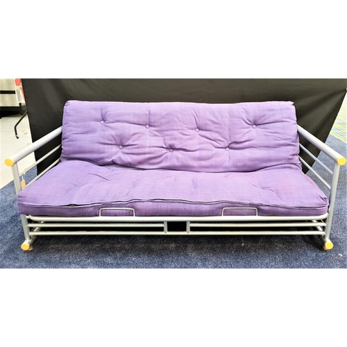 474 - COMBINATION SOFA BED
with a tubular steel frame and a button back purple seat/mattress, 200cm long