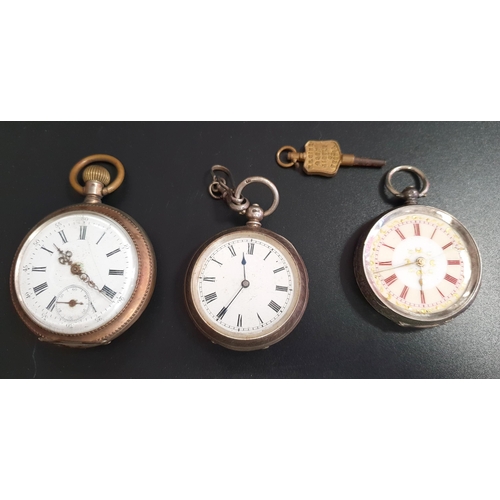 174 - THREE SILVER CASED POCKET WATCHES
all of smaller size, one with gilt detail to the dial, the case ma... 