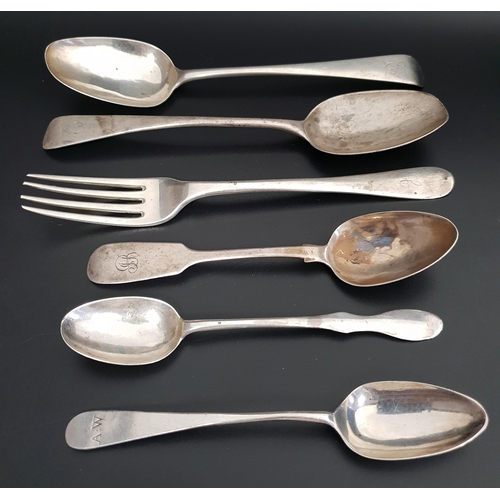 217 - SELECTION OF GEORGE III AND LATER SILVER CUTLERY
comprising a pair of George III spoons with London ... 