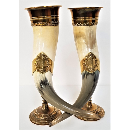 303 - PAIR OF 19th CENTURY HORN CORNUCOPIA TABLE DECORATIONS
with brass mounts to the rim and middle secti... 