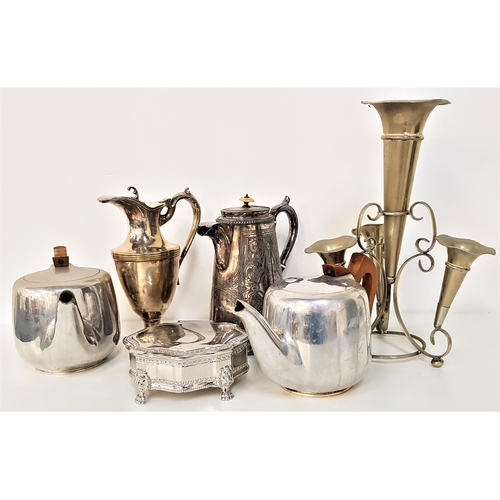 209 - SELECTION OF SILVER PLATE
and other metalware including an epergne, cigarette box, claret jug, two t... 