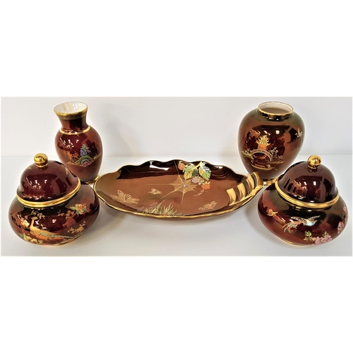 255 - CARLTON WARE ROUGE ROYALE
comprising a shaped dish, a pair of squat lidded jars, an ovoid vase and h... 