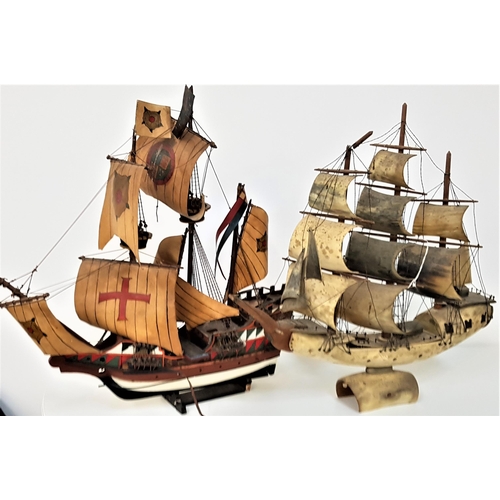 266 - MODEL WOODEN GALLEON
of Sir Francis Drake's The Golden Hind, 61cm high, together with a similar horn... 