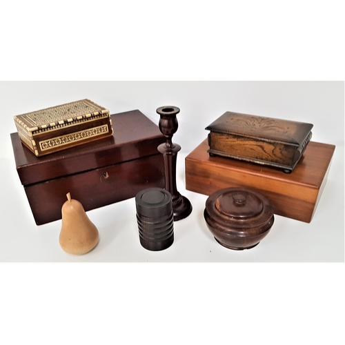 307 - SELECTION OF WOOD ITEMS
including a turned candlestick, 22cm high, carved pear, 12cm high, cigar hum... 