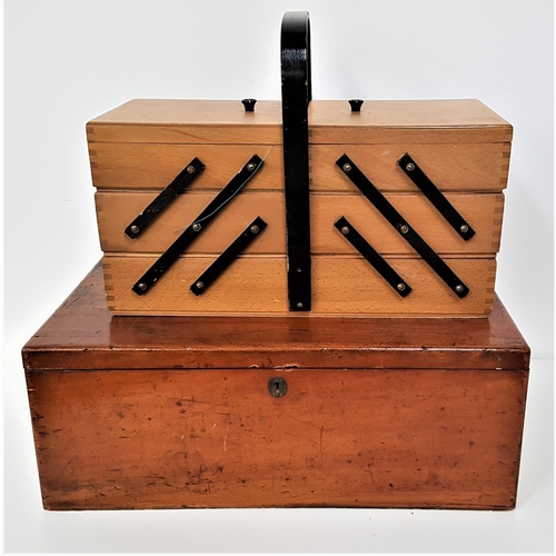 315 - BEECH SEWING BOX
with five fold out drawers with bobbins, together with a large cedar cigar box (2)