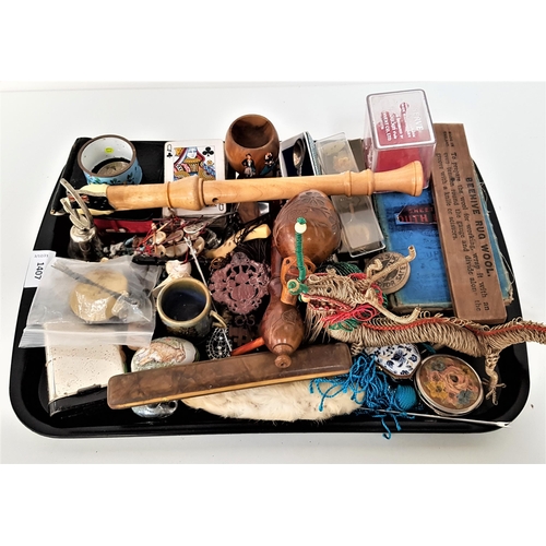 322 - MIXED LOT OF COLLECTABLES
including a carved wooden pipe, a recorder, an enamel decorated trinket bo... 