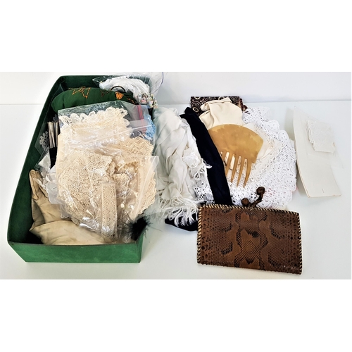 368 - SELECTION OF LINEN, LACE AND LADIES ACCESSORIES
including various lace trims, a pair of kid skin glo... 