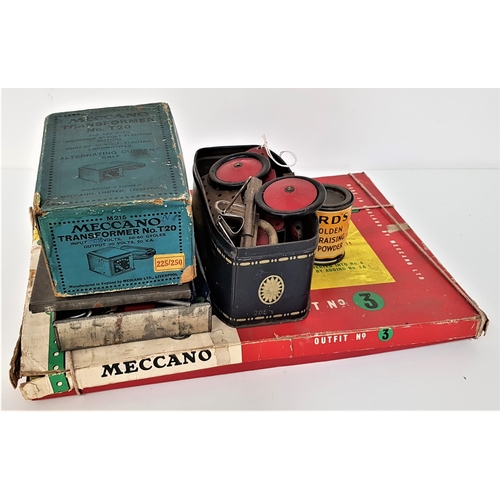 340 - SELECTION OF VINTAGE MECCANO
including Outfit No. 3, Transformer No. T20, and three boxes of wheels,... 