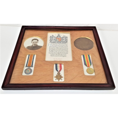 378 - WWI MEDAL TRIO
and death plaque, named to Private John McLeod of the Scottish Rifles, framed, 40cm x...