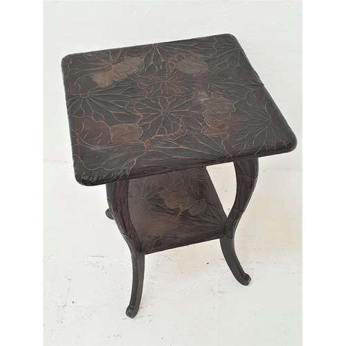 428 - CHIP CARVED OCCASIONAL TABLE
with a square top decorated with flowers, standing on cabriole supports... 