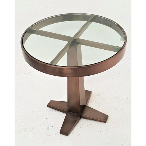 433 - MODERN ALUMINIUM OCCASIONAL TABLE
with an inset circular glass top on a tapering column with four sp... 