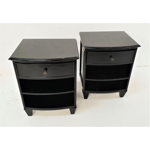 434 - PAIR OF BROWNSTONE LACQUERED BEDSIDE BOWFRONT CHESTS
with moulded tops above a frieze drawer with tw... 