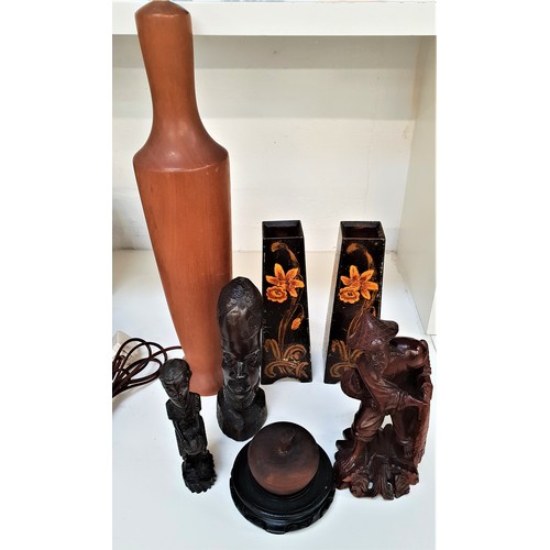 285 - SELECTION OF CARVED ITEMS
including a teak table lamp, 54.5cm high, pair of poker work tapering vase... 