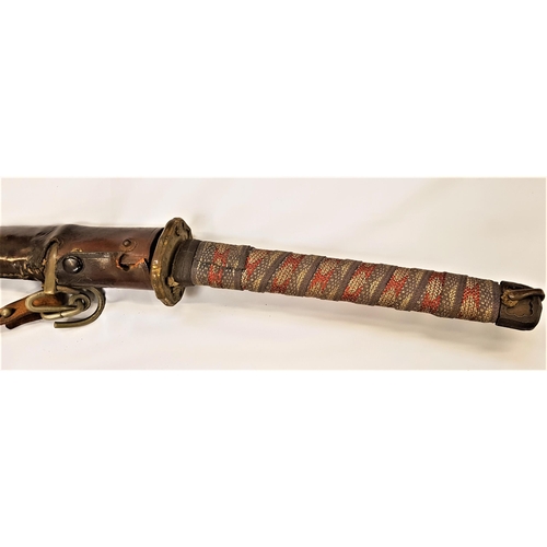 372 - JAPANESE KATANA 
with a bronze tsuba with flower head design and a cloth bound grip, the 74cm curved...
