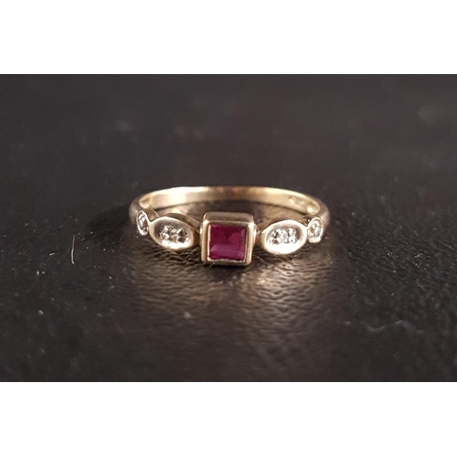 159 - RUBY AND DIAMOND RING
the central square cut ruby flanked by small diamonds, on nine carat gold shan... 