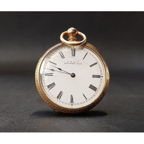 179 - WALTHAM GOLD OPEN FACE POCKET WATCH
with a circular enamel dial with Roman numerals, the inside of t... 