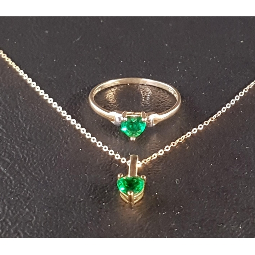 160 - HEART SHAPED GREEN GLASS SET RING AND PENDANT
both in nine carat gold, the pendant on nine carat gol... 