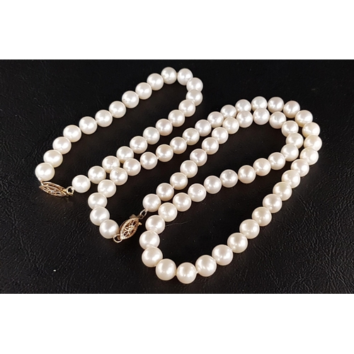 161 - PEARL NECKLACE AND MATCHING BRACELET
with individually knotted pearls and fourteen carat gold clasps... 