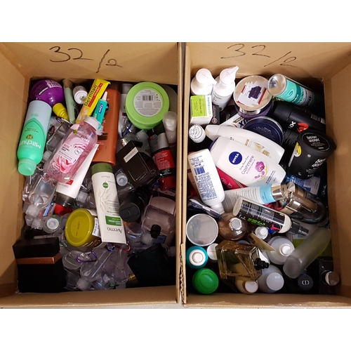 32 - TWO BOXES OF NEW AND USED TOILETRY ITEMS
including Versace, Guess, Yves Saint Laurent, Paco Rabanne,... 