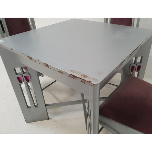 345 - CHARLES RENNIE MACKINTOSH STYLE TABLE AND CHAIRS
the table with a square top, standing on pierced su... 