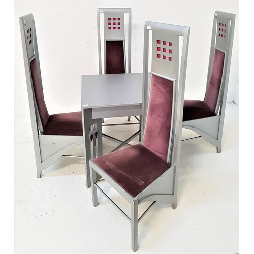 348 - CHARLES RENNIE MACKINTOSH STYLE TABLE AND CHAIRS
the table with a square top, standing on pierced su... 