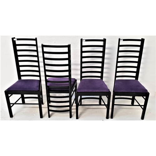 366 - FOUR CHARLES RENNIE MACKINTOSH STYLE DINING CHAIRS
with ladder backs and velvet lilac drop in seats,... 