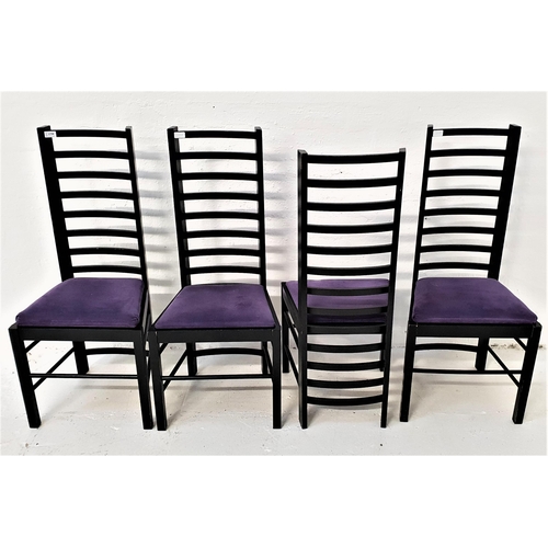 367 - FOUR CHARLES RENNIE MACKINTOSH STYLE DINING CHAIRS
with ladder backs and velvet lilac drop in seats,... 