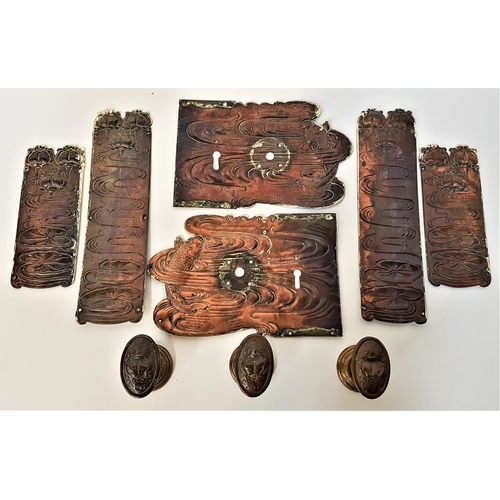 188 - UNUSUAL SELECTION OF ART NOUVEAU COPPER DOOR FURNITURE
comprising a pair of lock plates with embosse... 