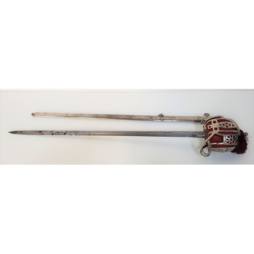 265 - 1828 PATTERN SCOTTISH OFFICERS BASKET HILTED BROADSWORD
with a double fullered 83cm blade with a cro... 