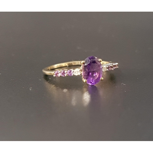 47 - AMETHYST AND DIAMOND RING
the central oval cut amethyst flanked by a diamond and three amethysts to ... 