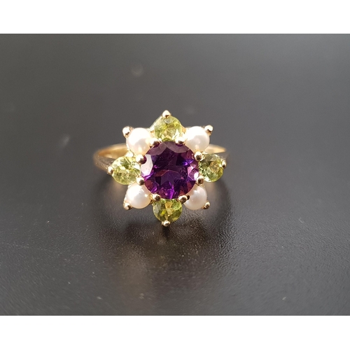 71 - PRETTY 'SUFFRAGETTE' CLUSTER RING
the central round cut amethyst approximately 1ct in peridot and pe... 