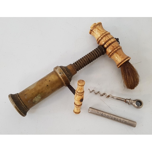 194 - 19th CENTURY THOMASON TYPE CORKSCREW
with a brass barrel and steel helix, the bone handle with brush... 