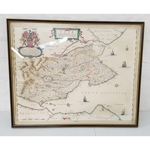 302 - AFTER JOHANNES BLAEU - COLOURED ENGRAVING MAP OF FIFE
titled 'Fifae Vicecomitatus. The Sherifdome of... 