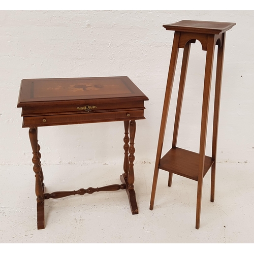 322 - OAK SIDE TABLE
with an inlaid lift up lid revealing a fitted interior above a frieze drawer, standin... 