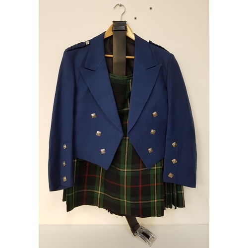 230 - GENTLEMAN'S HIGHLAND DRESS
comprising a Mackenzie kilt, Prince Charlie blue jacket and a leather bel... 