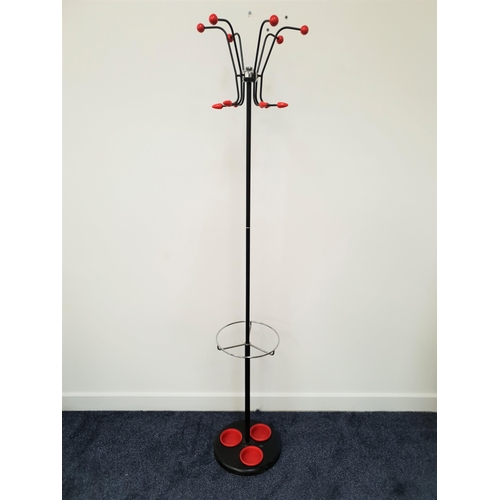 377 - 1950s RETRO METAL COAT/HAT STAND
with six shaped hooks with red plastic ends, the central black colu... 