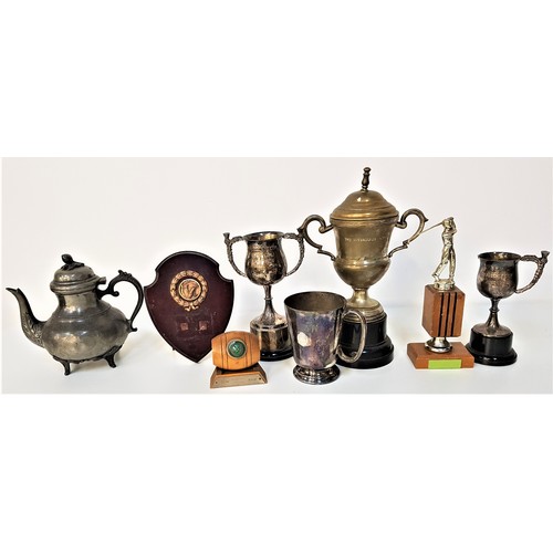 177 - SELECTION OF SILVER PLATED AND OTHER TROPHIES
including The Drybrough Trophy with twin handles and c... 