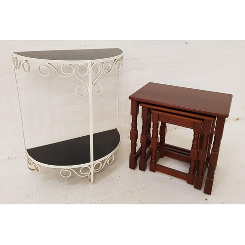 320 - METAL DEMI LUNE SIDE TABLE
painted white with two smoked glass shelves, 63cm x 52.5cm, together with... 