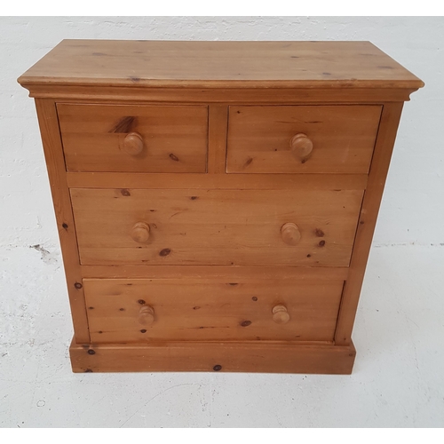 331 - WAXED PINE CHEST
with a moulded top above two short and two long drawers, standing on a plinth base,... 