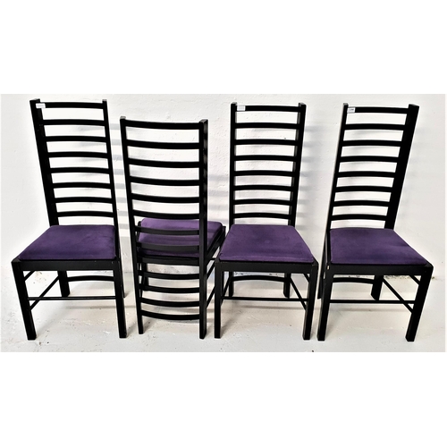 368 - FOUR CHARLES RENNIE MACKINTOSH STYLE DINING CHAIRS
with ladder backs and velvet lilac drop in seats,... 