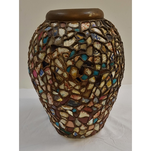 146 - MOSAIC POTTERY URN
with applied shards, 47cm high