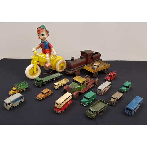 281 - SELECTION OF VINTAGE TOYS
including an English tin plate lorry and trailer, a wooden pull along trai... 