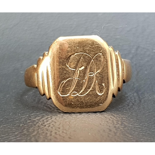 95 - NINE CARAT GOLD SIGNET RING
with engraved monogram DR, ring size P and approximately 3 grams