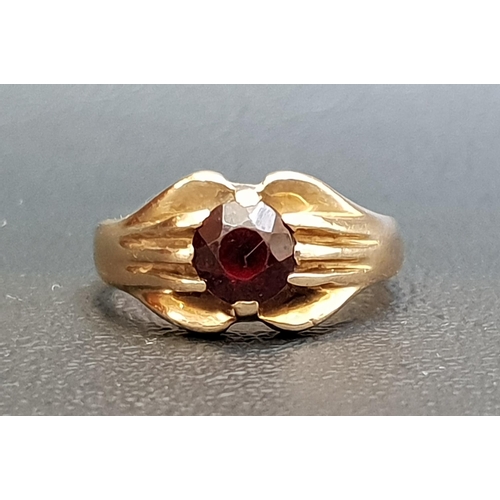 104 - GARNET SET DRESS RING
on nine carat gold shank, ring size M-N and approximately 4.6 grams