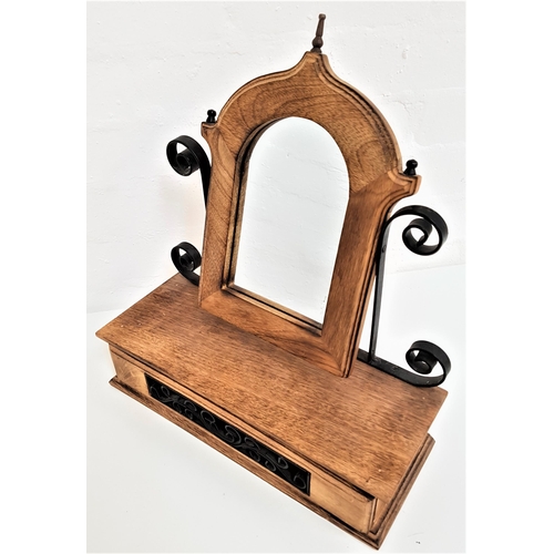 390 - DECORATIVE TEAK DRESSING TABLE MIRROR
of arch design with a drawer below, 40.5cm high