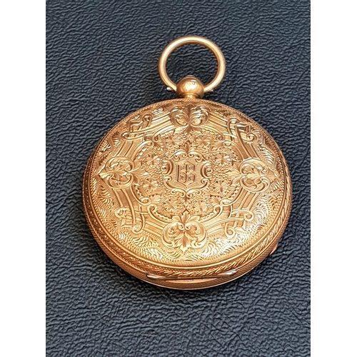 20 - VICTORIAN EIGHTEEN CARAT GOLD CASED OPEN FACE POCKET WATCH
the dial with engraved floral detail to t... 