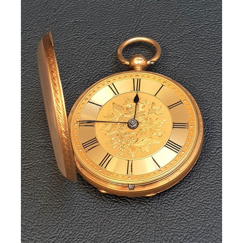 20 - VICTORIAN EIGHTEEN CARAT GOLD CASED OPEN FACE POCKET WATCH
the dial with engraved floral detail to t... 