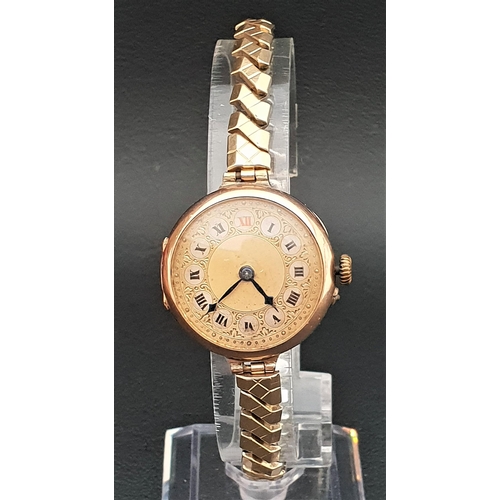 81 - EARLY 20th CENTURY NINE CARAT GOLD CASED WRISTWATCH
the gilt dial with Roman numerals and 15 jewels ... 