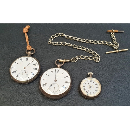 88 - TWO SILVER POCKET WATCHES AND A FOB WATCH
both pocket watches with white enamel dials, Roman numeral... 