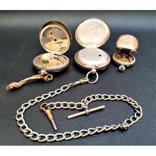 88 - TWO SILVER POCKET WATCHES AND A FOB WATCH
both pocket watches with white enamel dials, Roman numeral... 